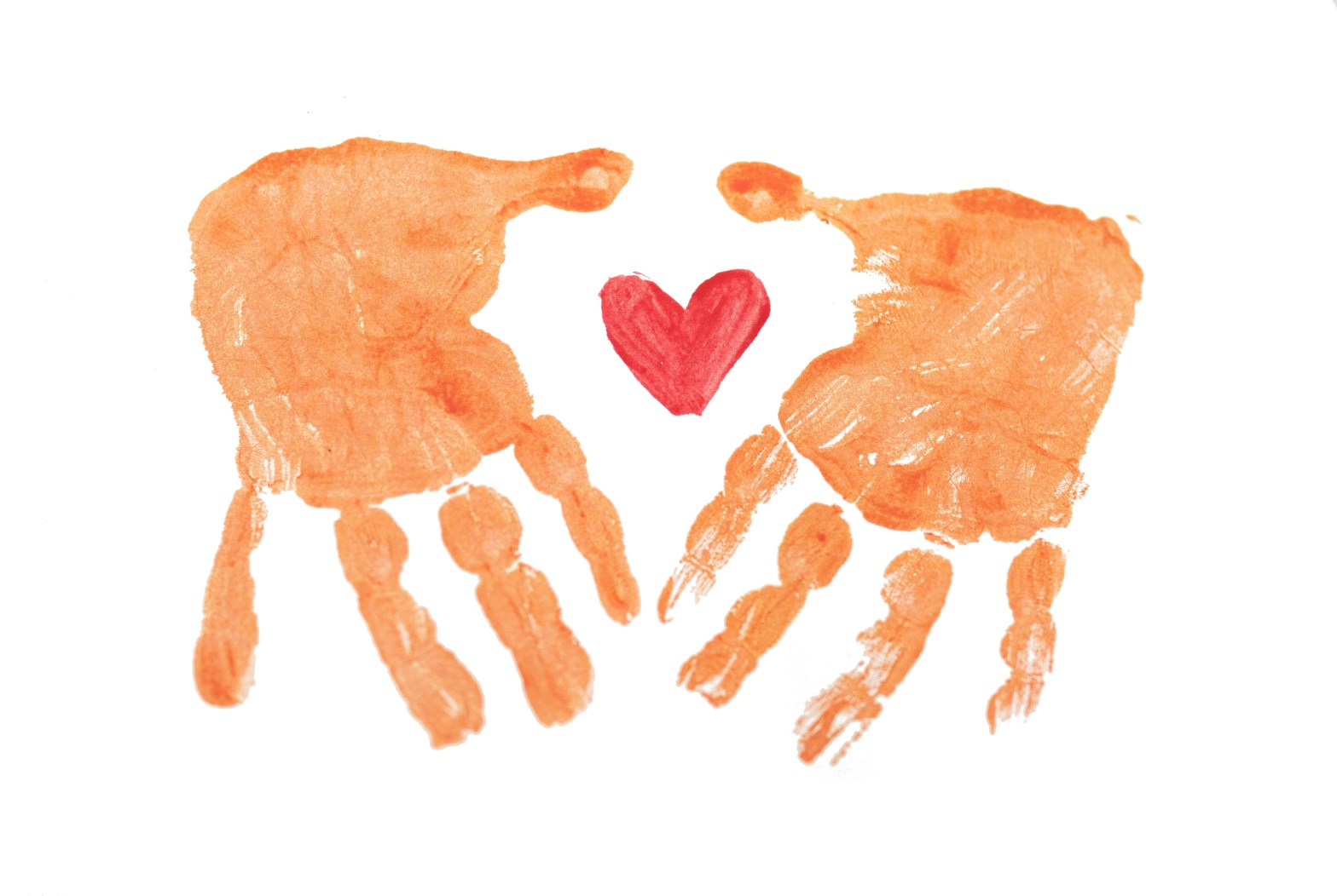 Two brown kid hands stamped on white paper surrounding a red heart