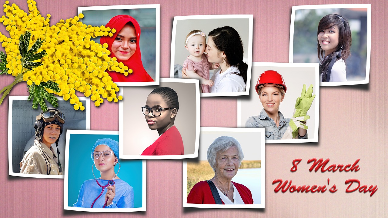 A bouquet of yellow mimosa flowers with 8 photographs of women from different parts of the world hung on a light pink background. 8 March Women's Day is written in red in the bottom right corner