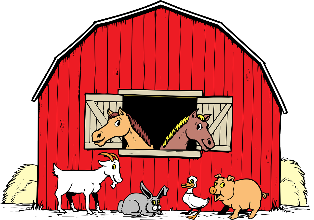 Colorful graphic drawing of a red barn with a curving roof and a Dutch door with the top windows open, shutters on each side, and two horses, one light brown and the other darker brown, hanging their heads out. Under the window are a goat, a bunny rabbit, a goose or a white duck, a pig - all are smiling. Peeking from behind the barn, on both the left and right sides, are two haystacks.