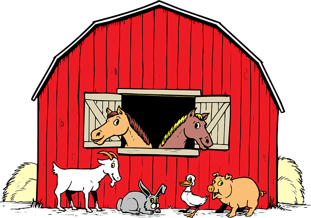 red barn with two haystacks peeking out from left and right side behind the barn with two horses' heads hanging out of an open Dutch door. Under the door are a white goat, a grey rabbit, a white goose, and a peach pig.