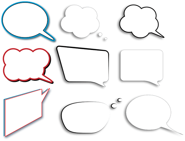 a variety of blank speech balloons or thought bubbles in rows of three and in different shapes
